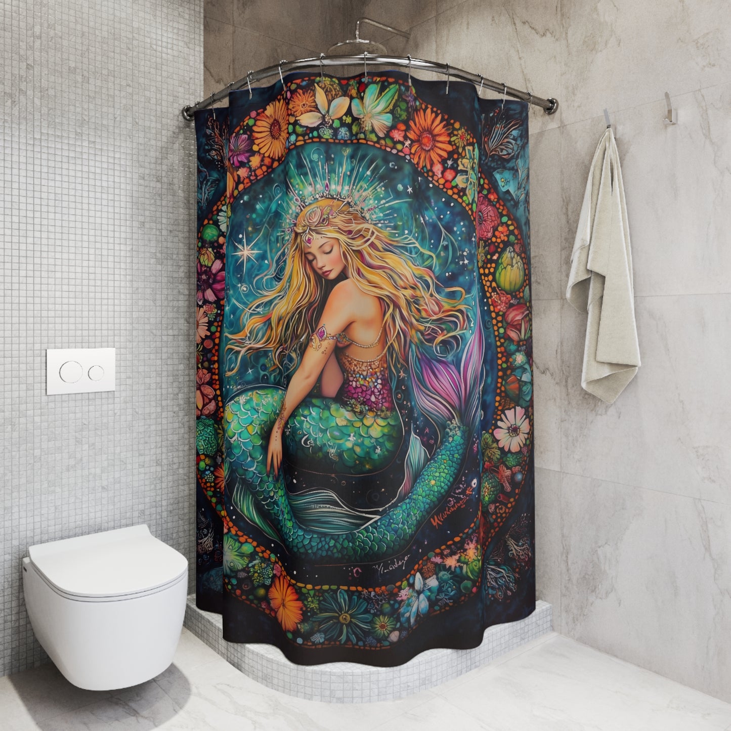 Mermaid Floral Shower Curtain, Boho Bathroom Decor, Ocean Theme Gift, Mermaid Print Curtain, Nature Inspired Home Decor