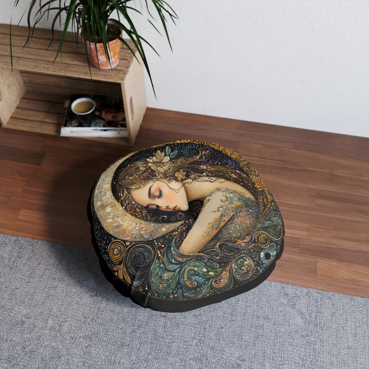 Dreamy Moonlit Tufted Floor Pillow, Boho Decor Cushion, Meditation Seating, Cozy Reading Nook, Gift for Yoga Lovers