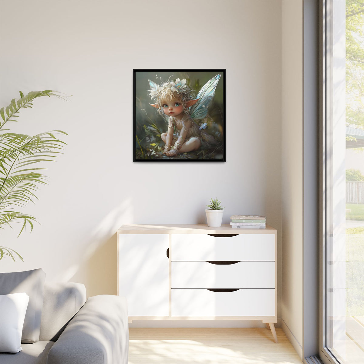 Baby Fairy Art Print, Framed Canvas, Whimsical Home Decor, Fairy Tale Gift, Magical Nursery Wall Art