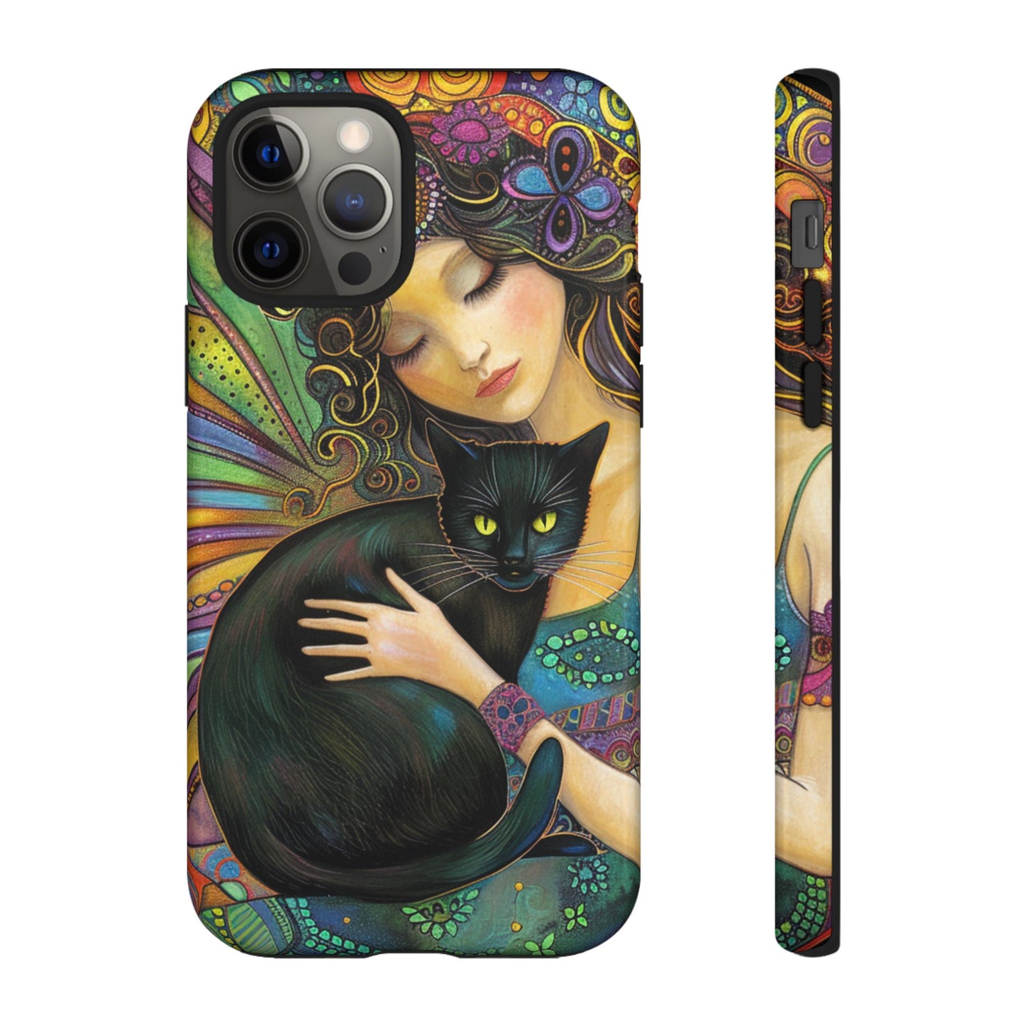 Artistic Phone Case, Celestial Cat Case, Bohemian Style, Gift for Cat Lovers, Unique Phone Protection, Colorful Design