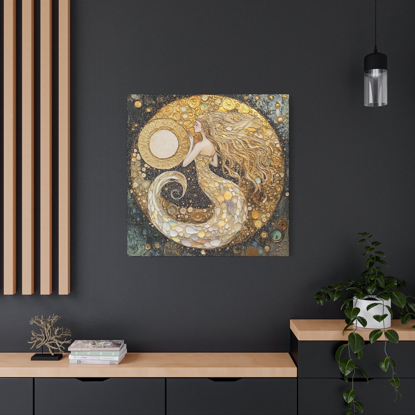Mermaid Moon Art Canvas, Magical Home Decor, Coastal Vibes, Bohemian Wall Art, Gift for Sea Lovers, Nautical Aesthetic, Unique Art Piece