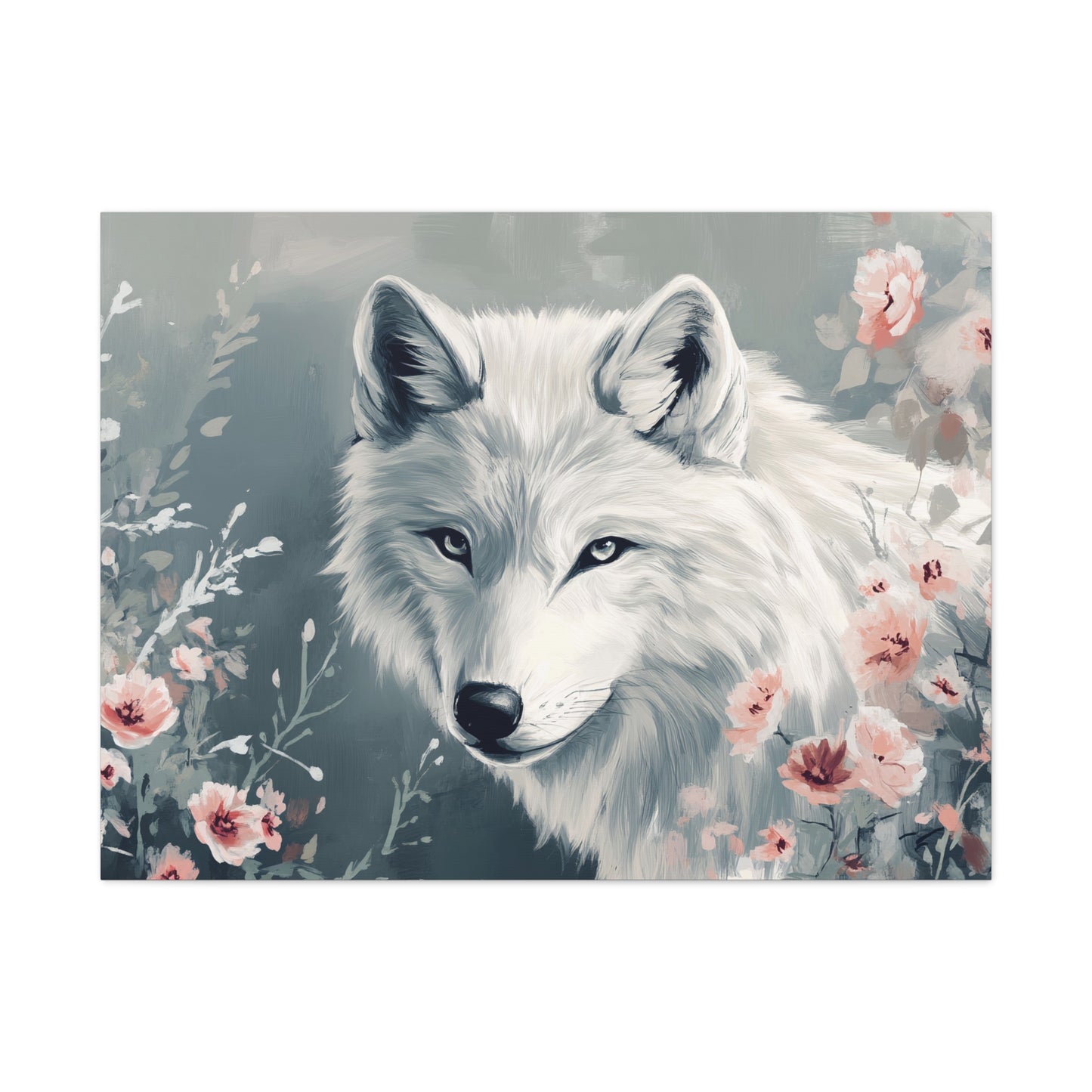 White Wolf Art Canvas Print, Nature Wall Decor, Floral Artwork, Animal Lover Gift, Home Decoration, Wildlife Art