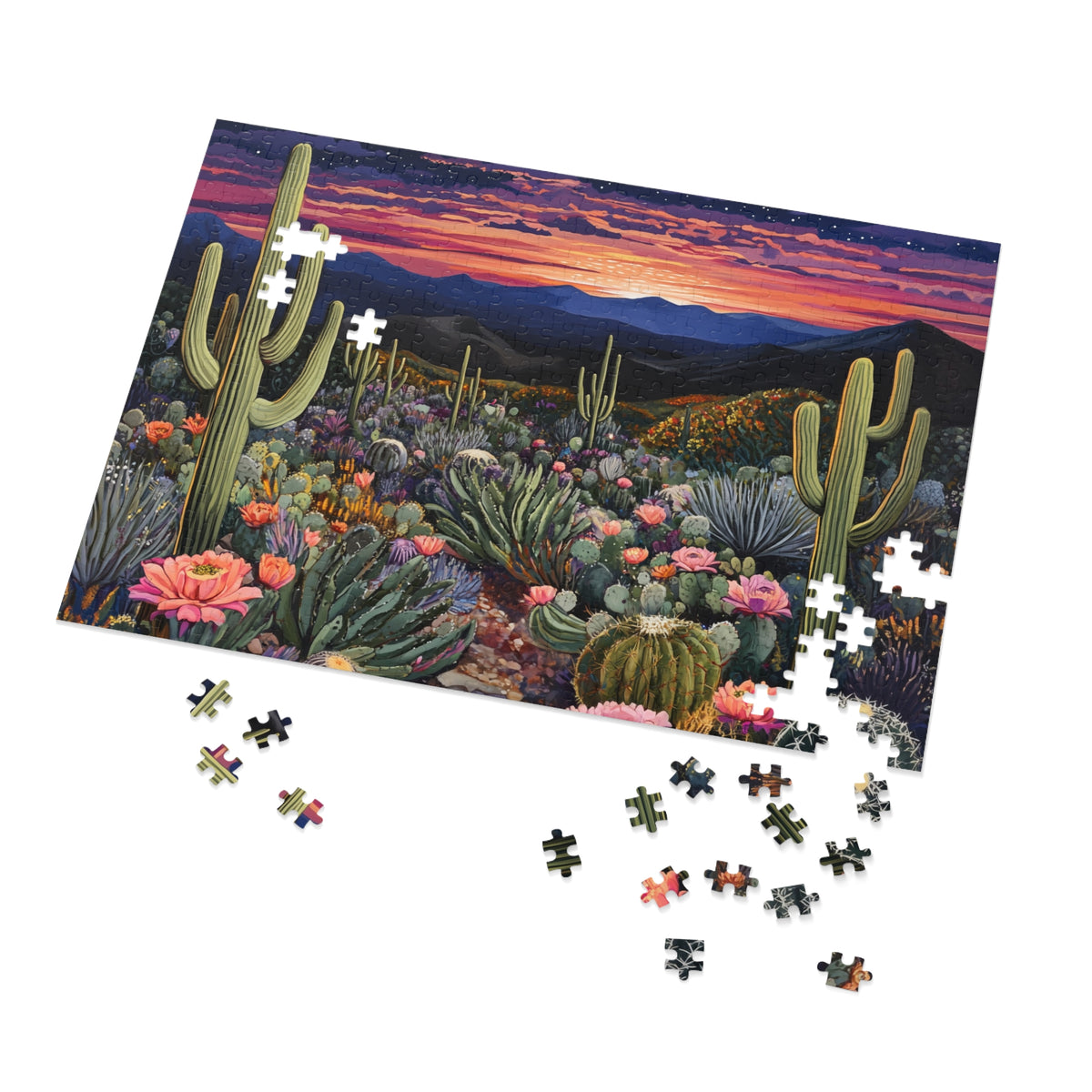 Desert Cactus Sunset Jigsaw Puzzle with Tin | Desert Landscape Puzzle