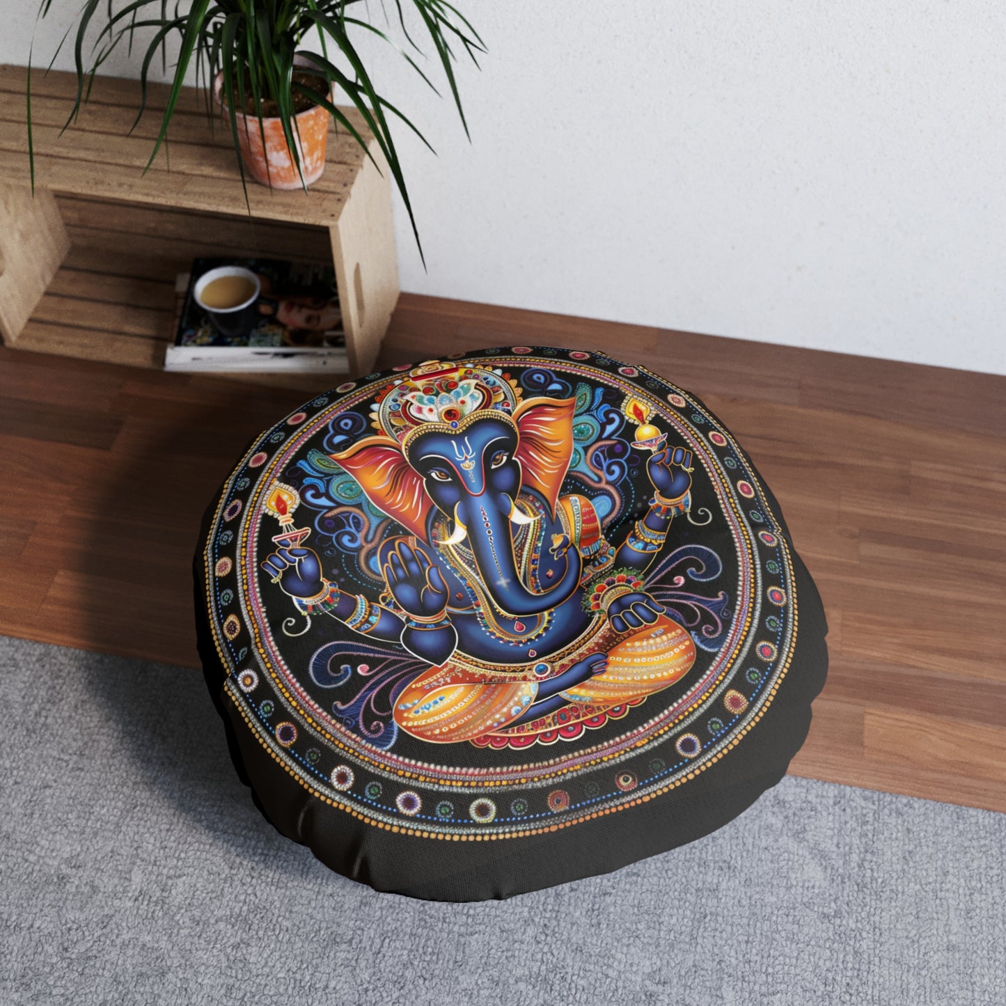 Vibrant Ganesh Tufted Floor Pillow, Decorative Cushion, Bohemian Home Decor, Meditation Accessory, Yoga Pillow, Cozy Seating