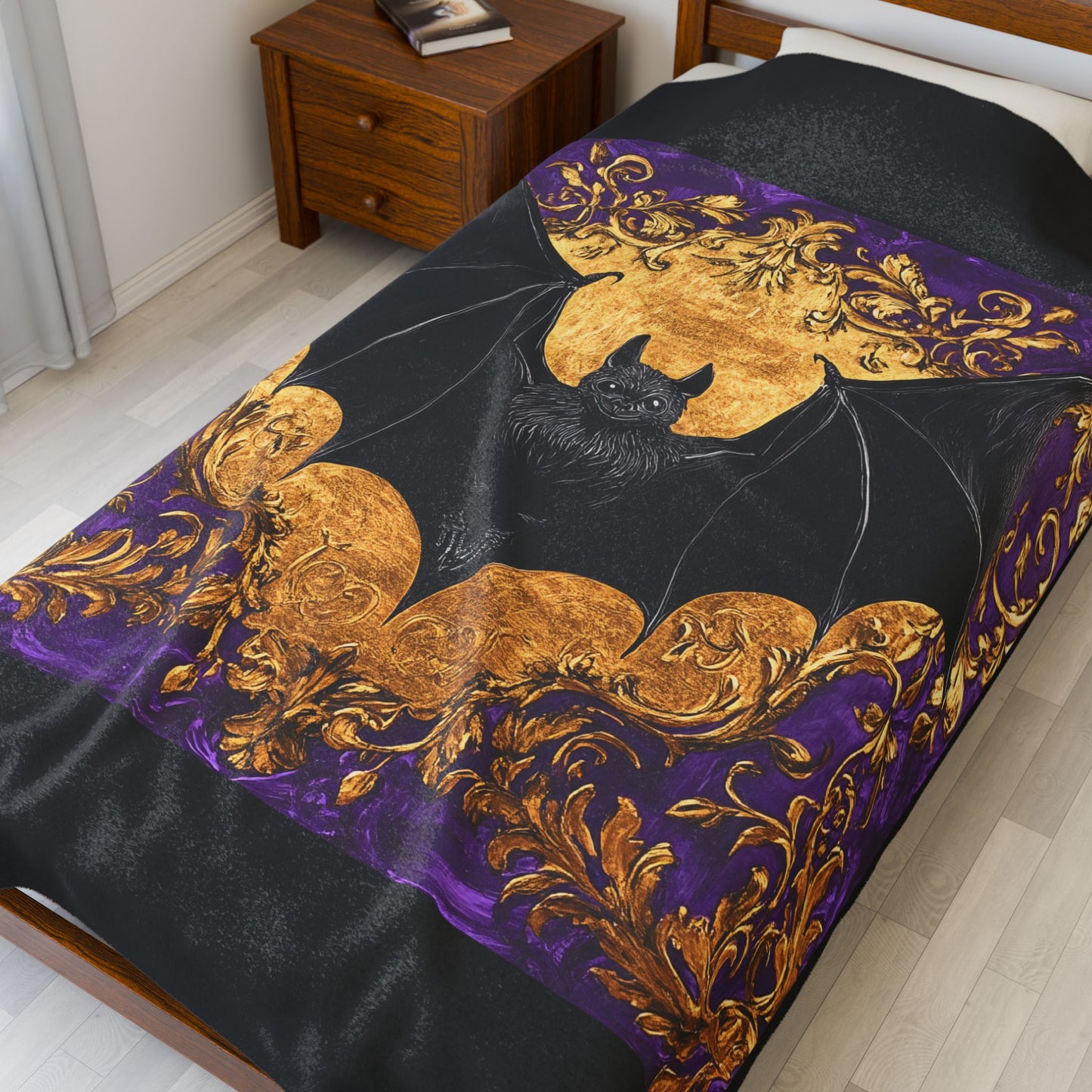 Bohemian Baroque Bat Velveteen Plush Blanket - Cozy Home Decor, Halloween Throw, Gothic Decor, Luxurious Gift