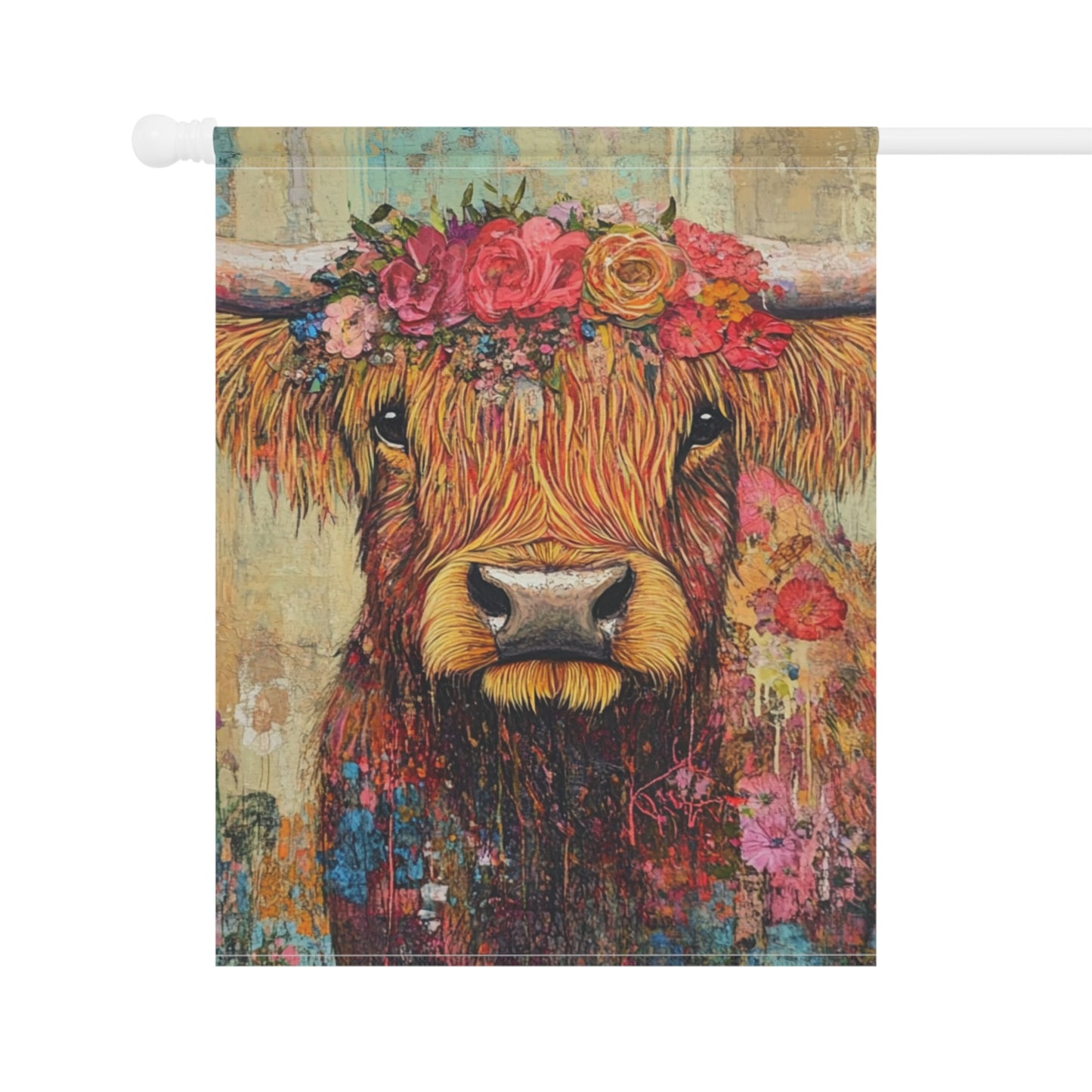Floral Highland Cow Garden Banner, Outdoor Decor, Farmhouse Style Flag, Ranch Decor, Spring and Summer Decor, Gift for Garden Lovers