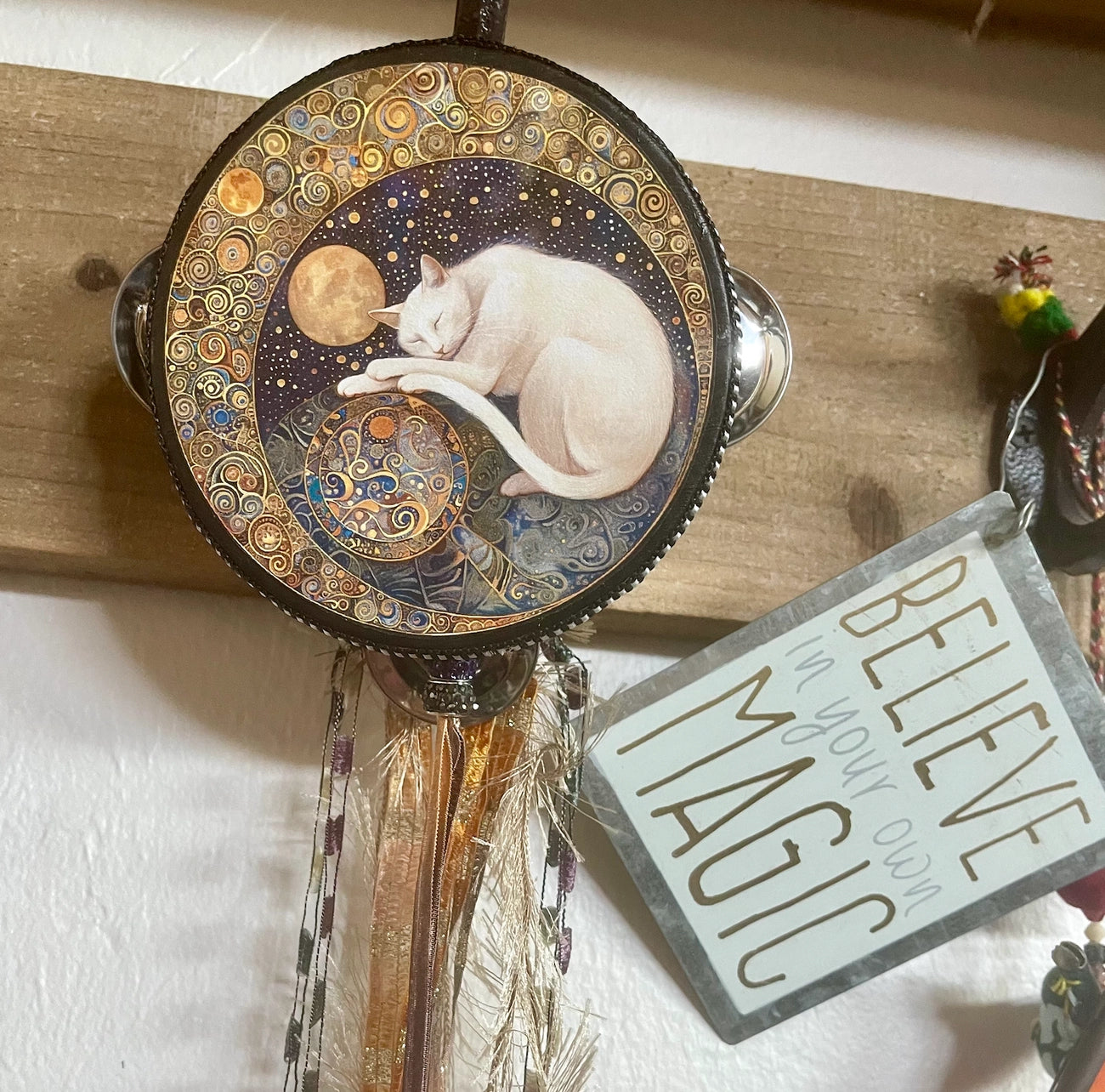 Mystical Moon Cat Tambourine and Ribbon Wall Accent