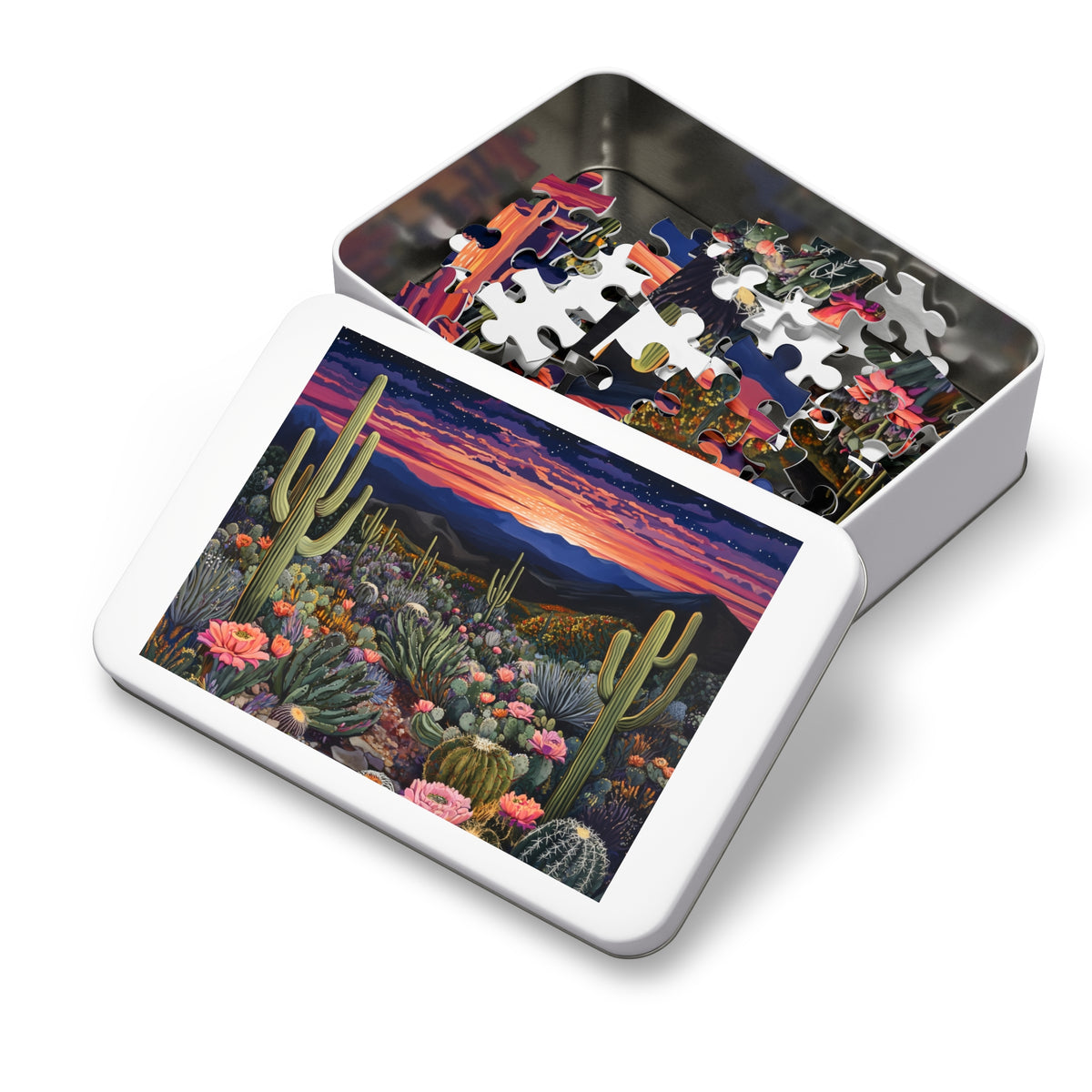Desert Cactus Sunset Jigsaw Puzzle with Tin | Desert Landscape Puzzle