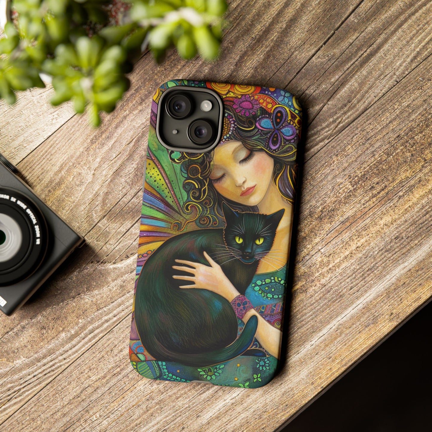 Artistic Phone Case, Celestial Cat Case, Bohemian Style, Gift for Cat Lovers, Unique Phone Protection, Colorful Design