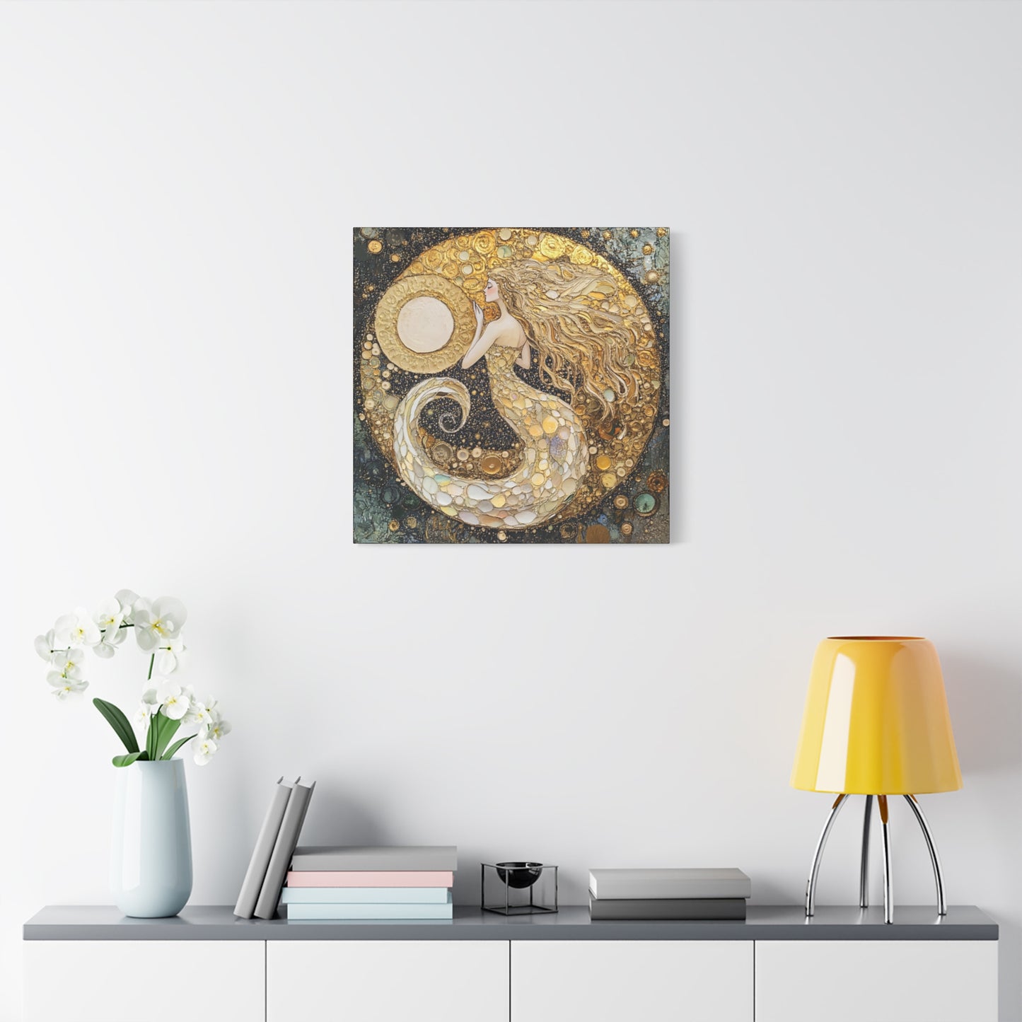 Mermaid Moon Art Canvas, Magical Home Decor, Coastal Vibes, Bohemian Wall Art, Gift for Sea Lovers, Nautical Aesthetic, Unique Art Piece