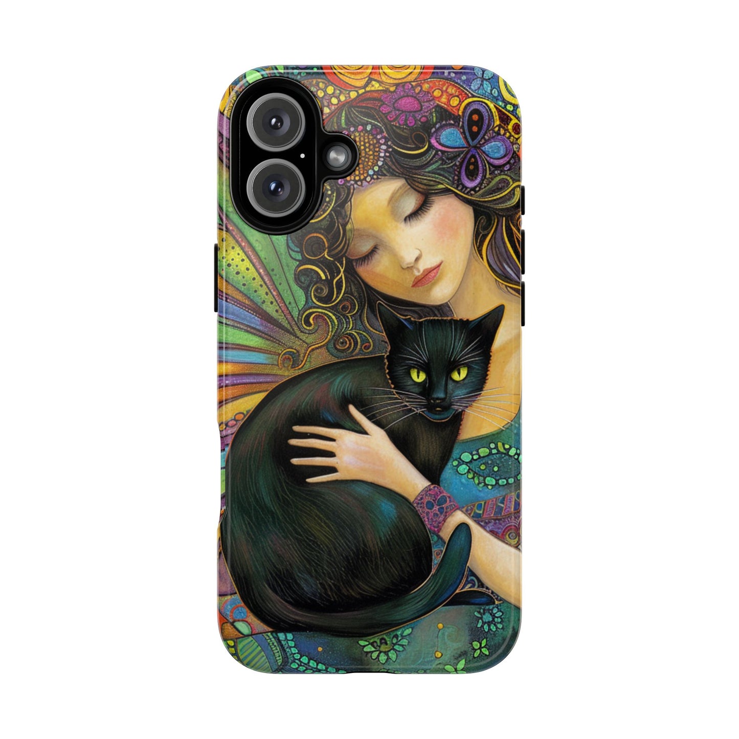 Artistic Phone Case, Celestial Cat Case, Bohemian Style, Gift for Cat Lovers, Unique Phone Protection, Colorful Design