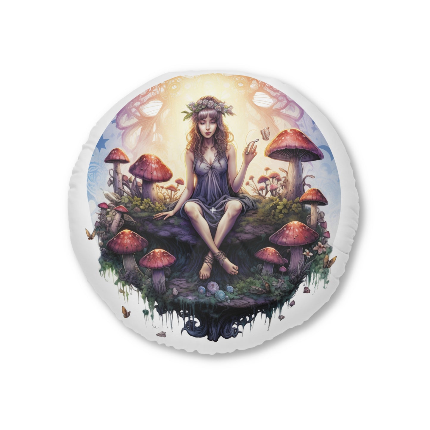 Enchanting Fairy Garden Tufted Floor Pillow, Round Cushion for Cozy Spaces, Bohemian Decor, Gift for Nature Lovers, Meditation Accessory