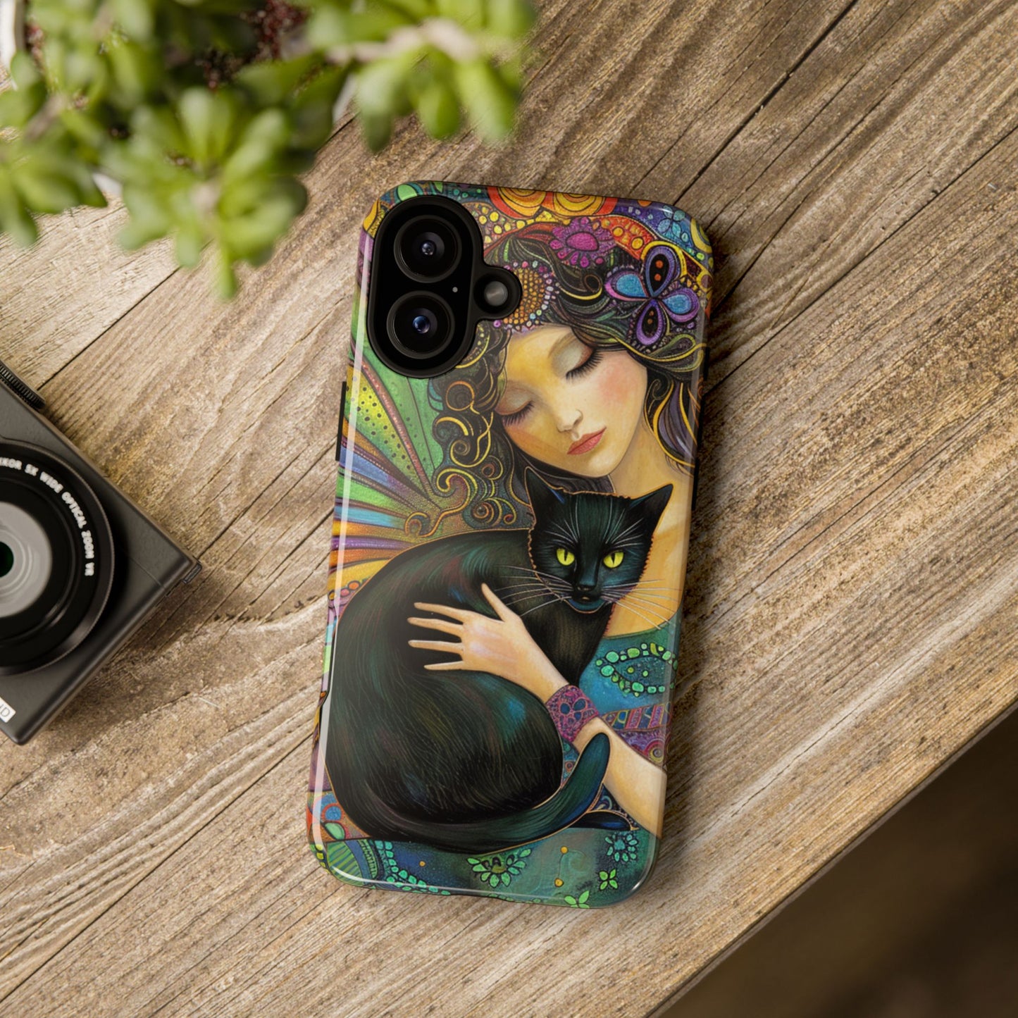 Artistic Phone Case, Celestial Cat Case, Bohemian Style, Gift for Cat Lovers, Unique Phone Protection, Colorful Design