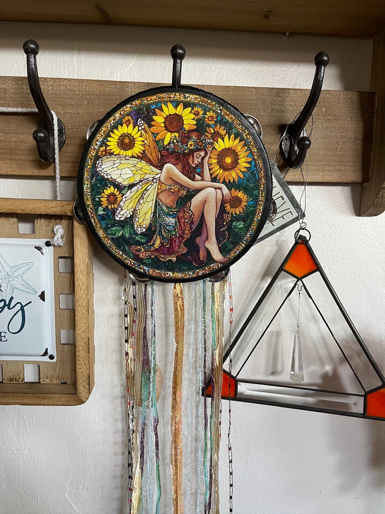 Sunflower Fairy Art Tambourine and Ribbon Wall Accent