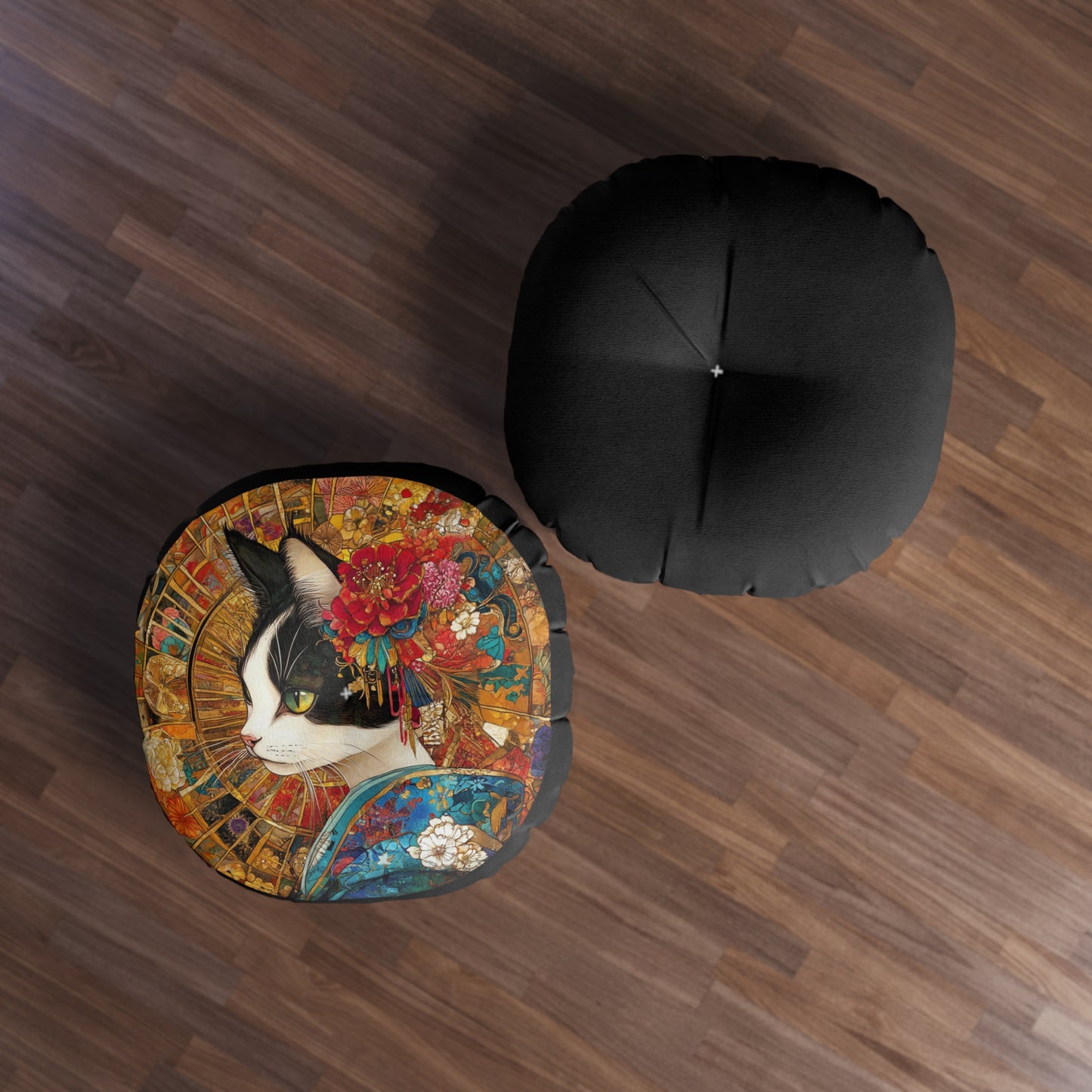 Elegant Geisha Cat Tufted Floor Pillow, Round, Cozy Home Decor, Cat Lover Gift, Boho Style Cushion, Unique Art Accent