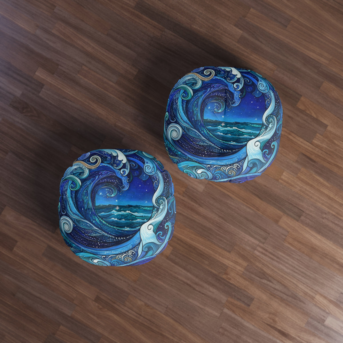 Ocean Wave Round Floor Pillow — Tufted Nautical Bohemian Decor