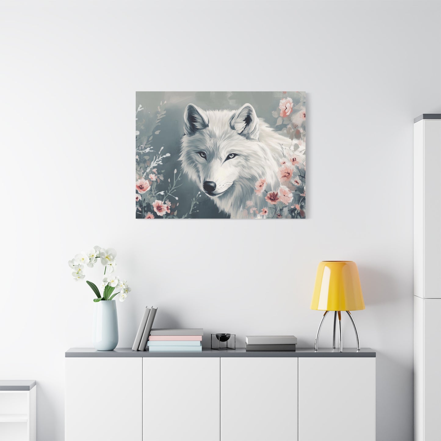 White Wolf Art Canvas Print, Nature Wall Decor, Floral Artwork, Animal Lover Gift, Home Decoration, Wildlife Art