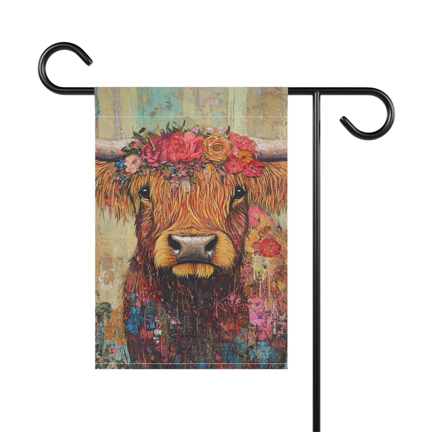 Floral Highland Cow Garden Banner, Outdoor Decor, Farmhouse Style Flag, Ranch Decor, Spring and Summer Decor, Gift for Garden Lovers