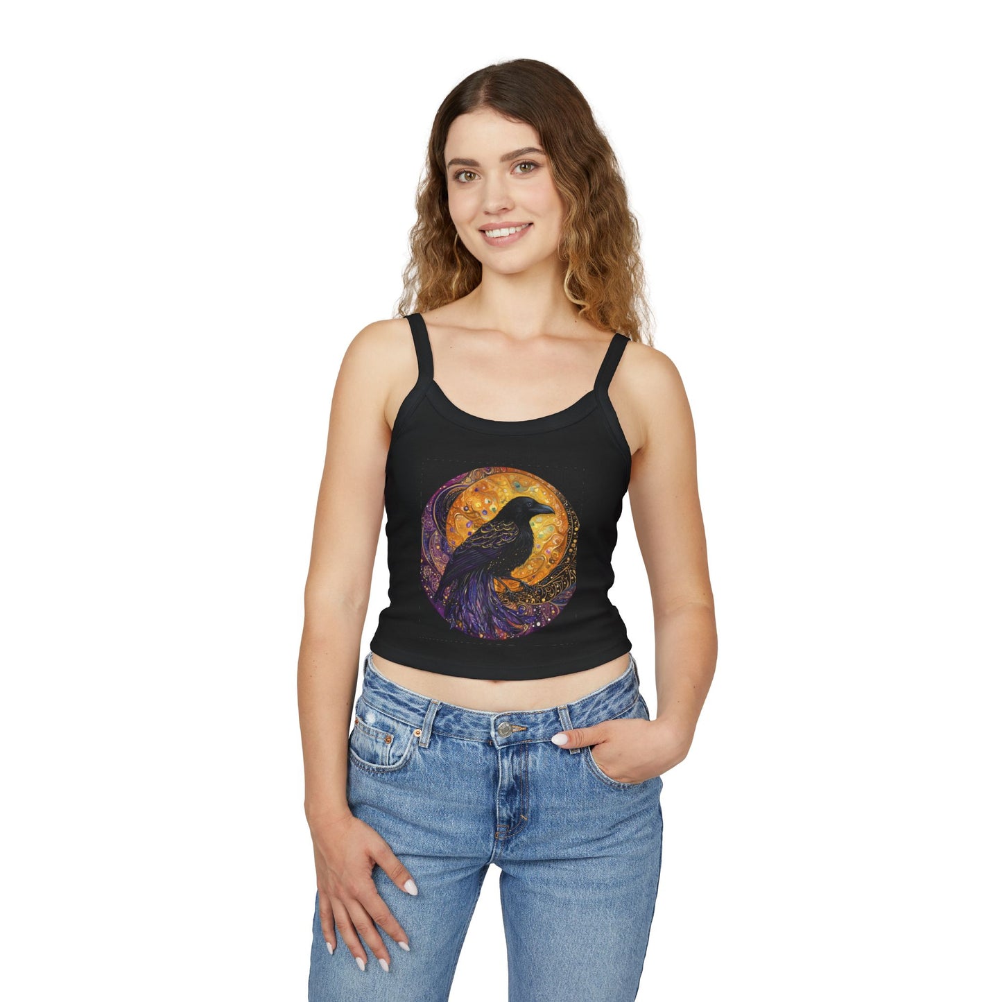 Mystical Raven Tank Top, Bohemian Crop Tee, Women's Summer Apparel, Festival Wear, Moon Phase Fashion
