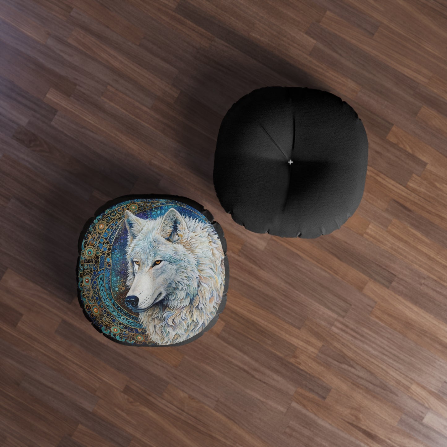 Wolf Print Tufted Floor Pillow, Round Decorative Cushion, Cosmic Home Decor, Nature-inspired Throw Pillow, Boho Living Room Accent