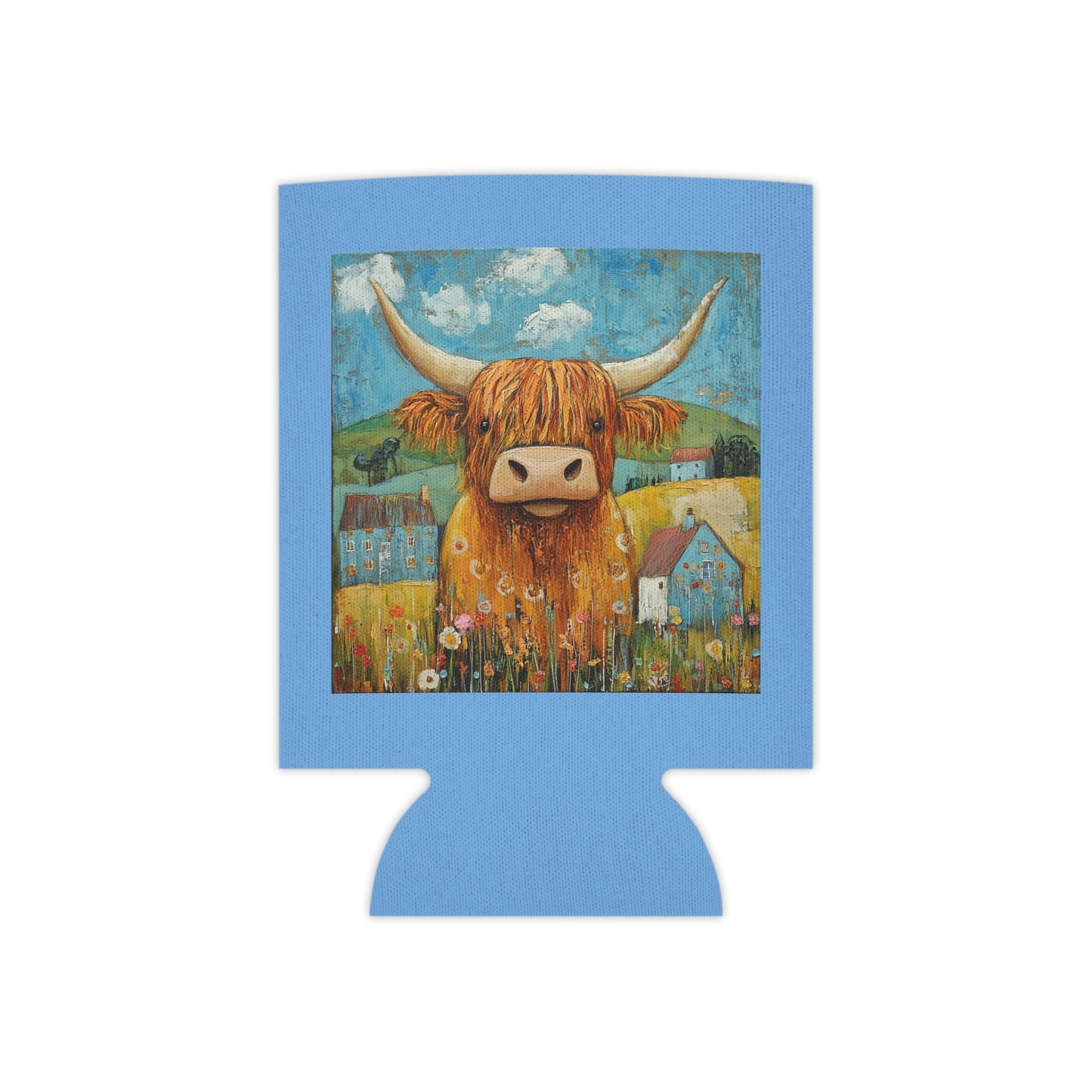Whimsical Highland Cow Can Cooler, Cute Drink Sleeve, Farmhouse Decor, Picnic Accessory, Country Themed Party Favor