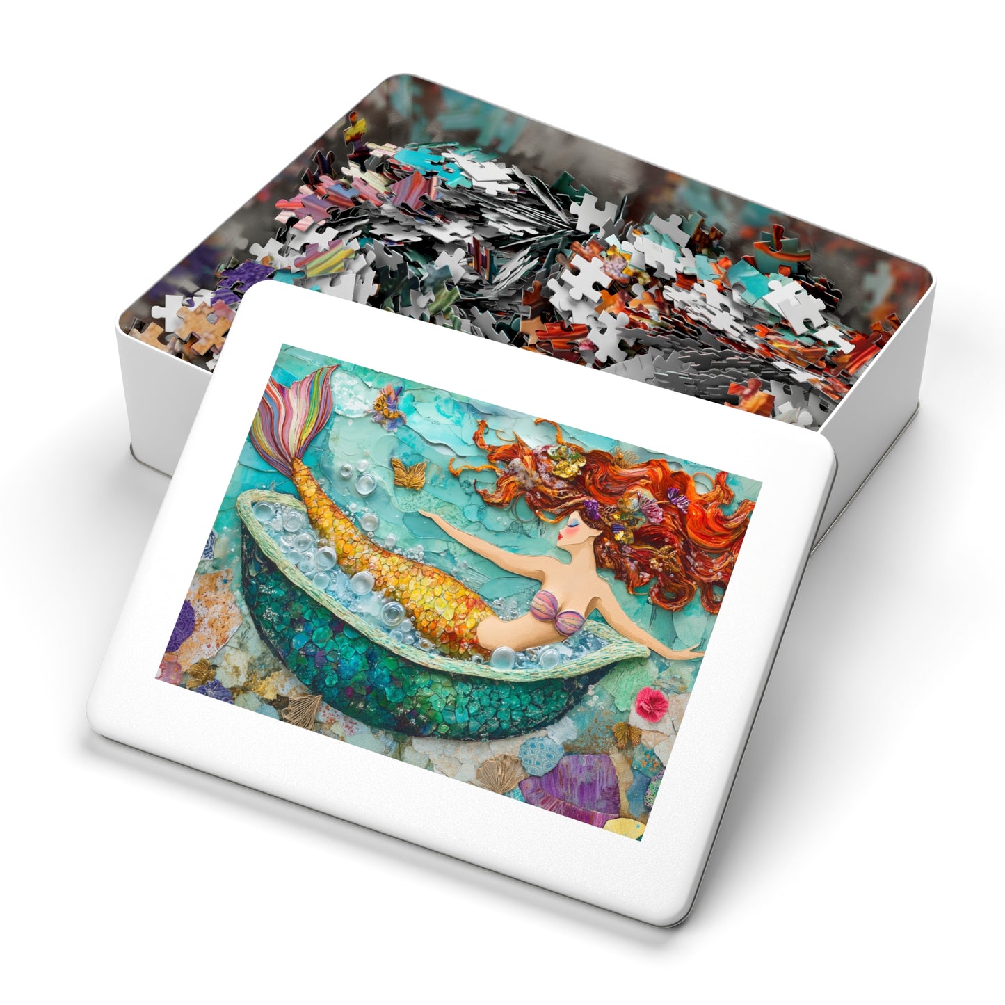 Bubbles Mermaid Bath Tub Jigsaw Puzzle with Tin | Colorful Redhead Mermaid Art Puzzle