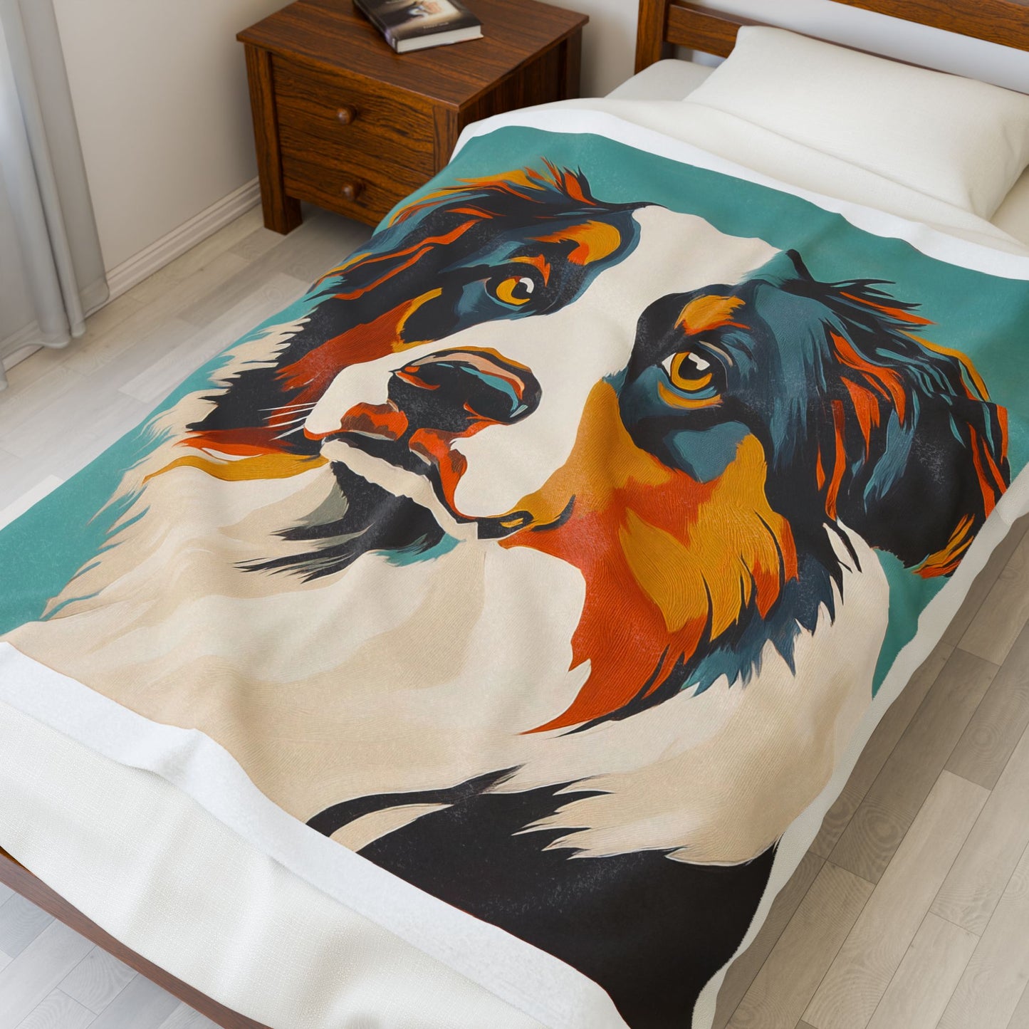 Mid Century Modern Black Tri Colored Aussie Portrait Velveteen Plush Blanket, Pet Lover Gift, Cozy Home Decor, Dog Enthusiast