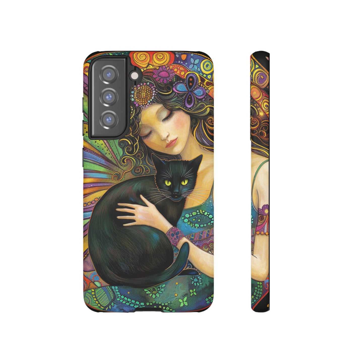 Artistic Phone Case, Celestial Cat Case, Bohemian Style, Gift for Cat Lovers, Unique Phone Protection, Colorful Design