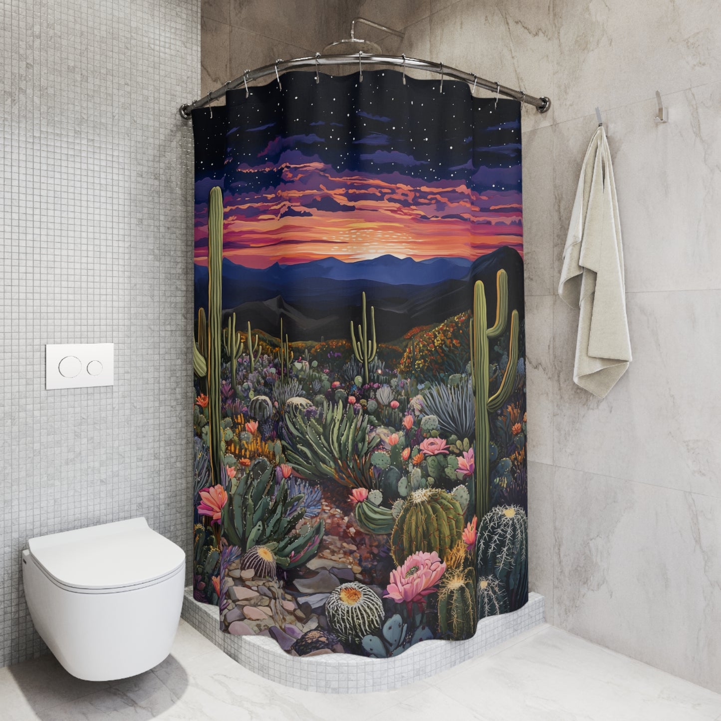 Desert Sunset Shower Curtain, Boho Bathroom Decor, Cactus Pattern, Home & Garden, Unique Gift Idea