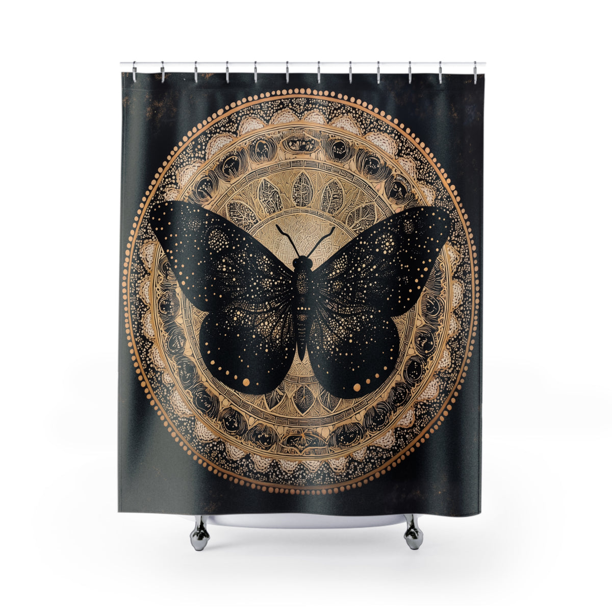 Gold Mandala Black Moth Shower Curtain | Boho Bathroom Decor