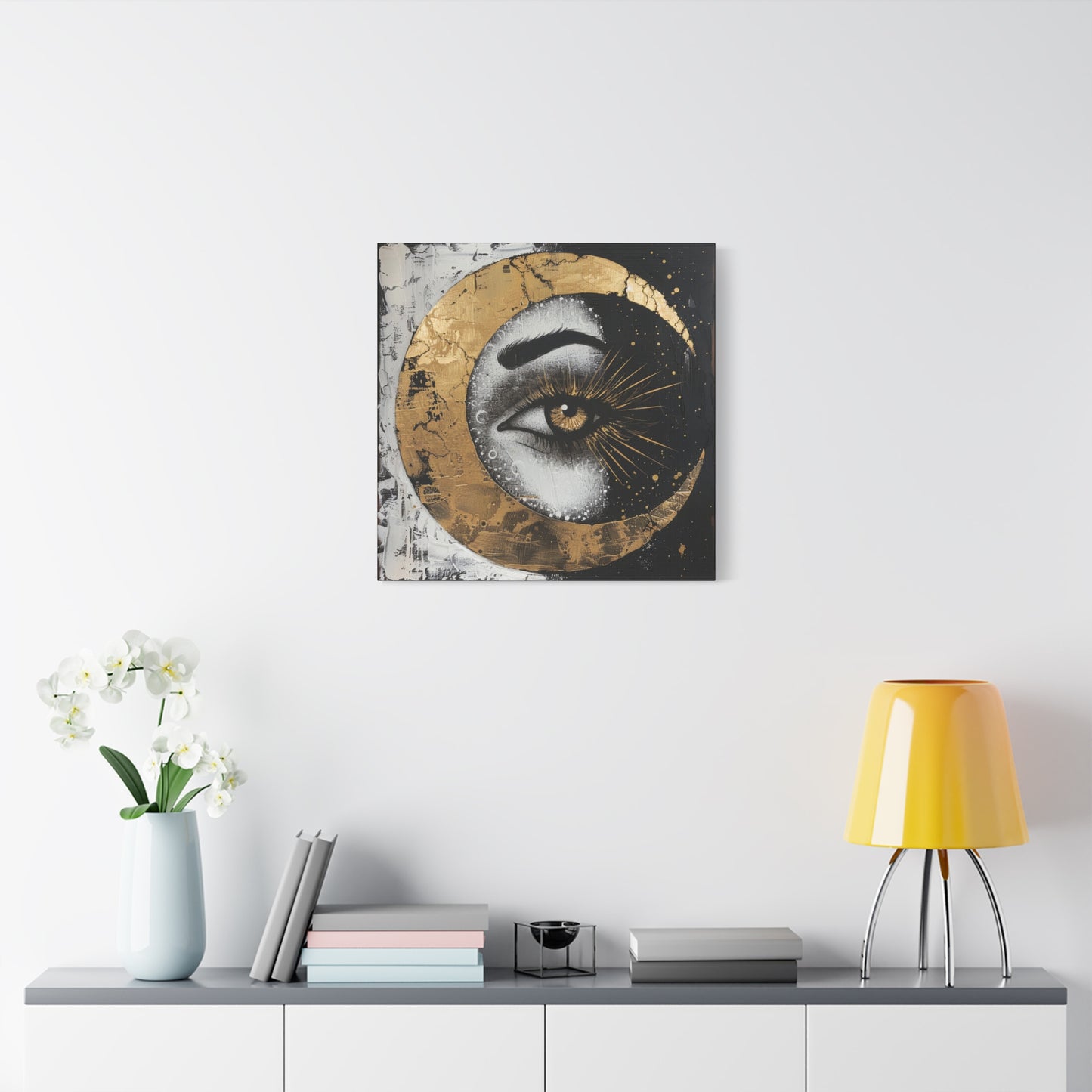 Celestial Eye Canvas Art, Gold Moon Wall Decor, Modern Home Aesthetic, Spiritual Artwork, Gift for Meditation, Boho Living Room Accent