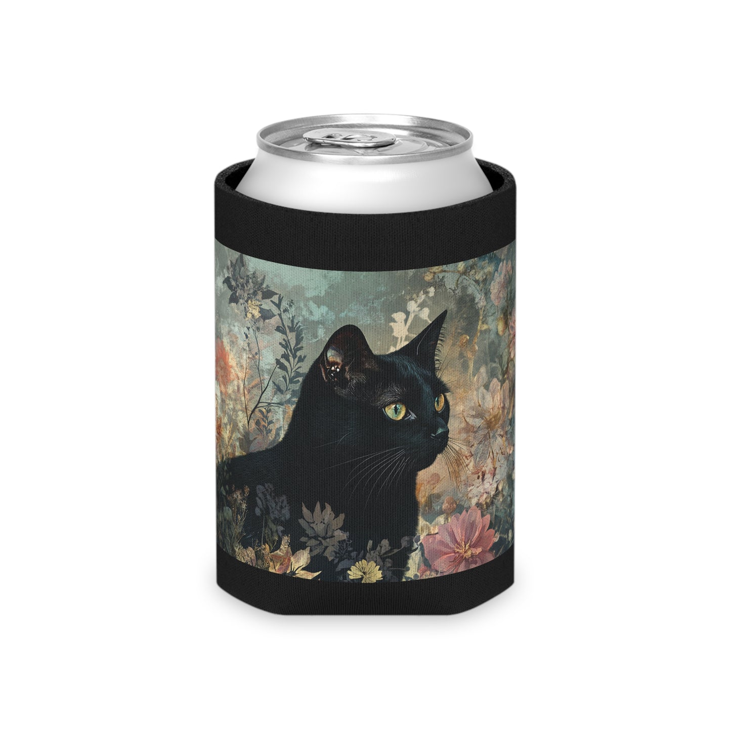 Floral Black Cat Can Cooler | Adorable Beverage Sleeve for Cat Lovers | Gifts for Pet Owners, Housewarming, or Beverages at Parties