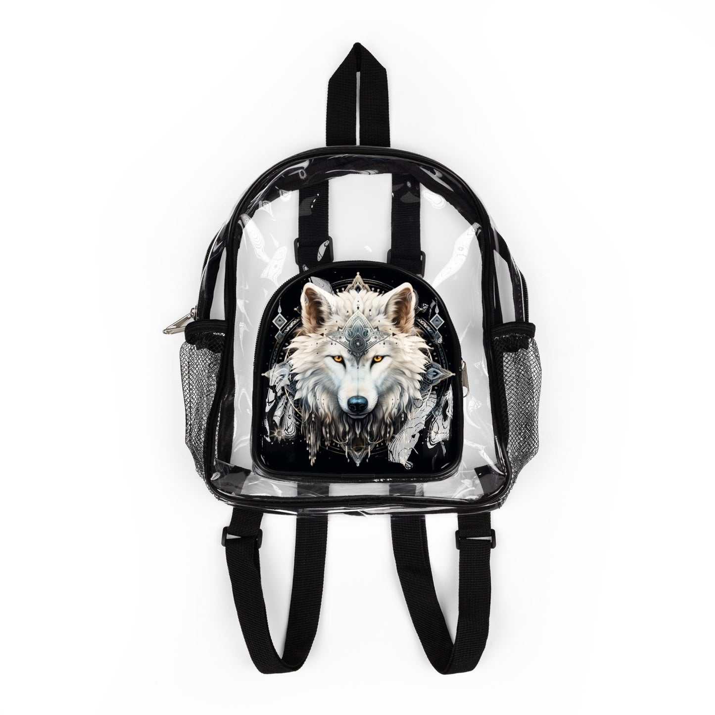 Transparent Wolf Print Backpack for Outdoors, Concerts, and Sports, Stadium Approved, Clear Bag with Wolf Design, Animal Lover Gift