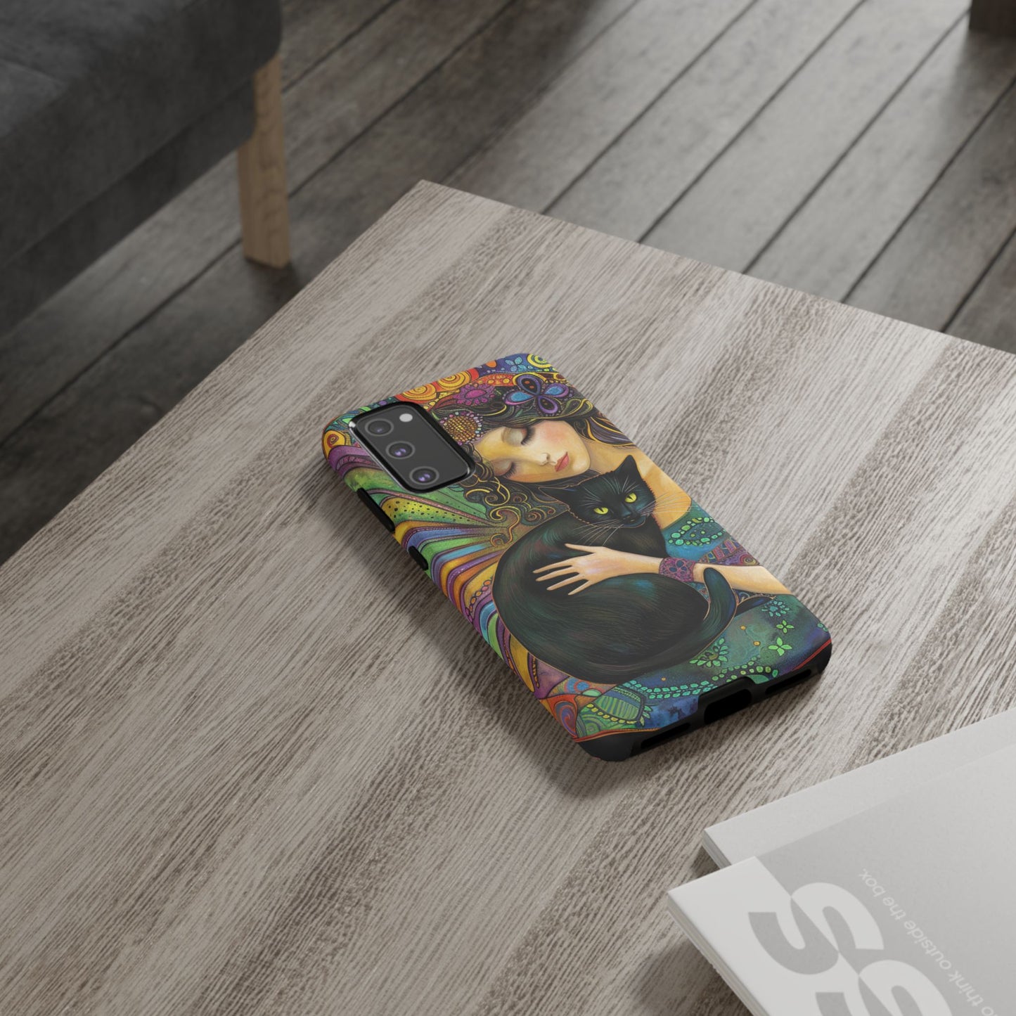 Artistic Phone Case, Celestial Cat Case, Bohemian Style, Gift for Cat Lovers, Unique Phone Protection, Colorful Design