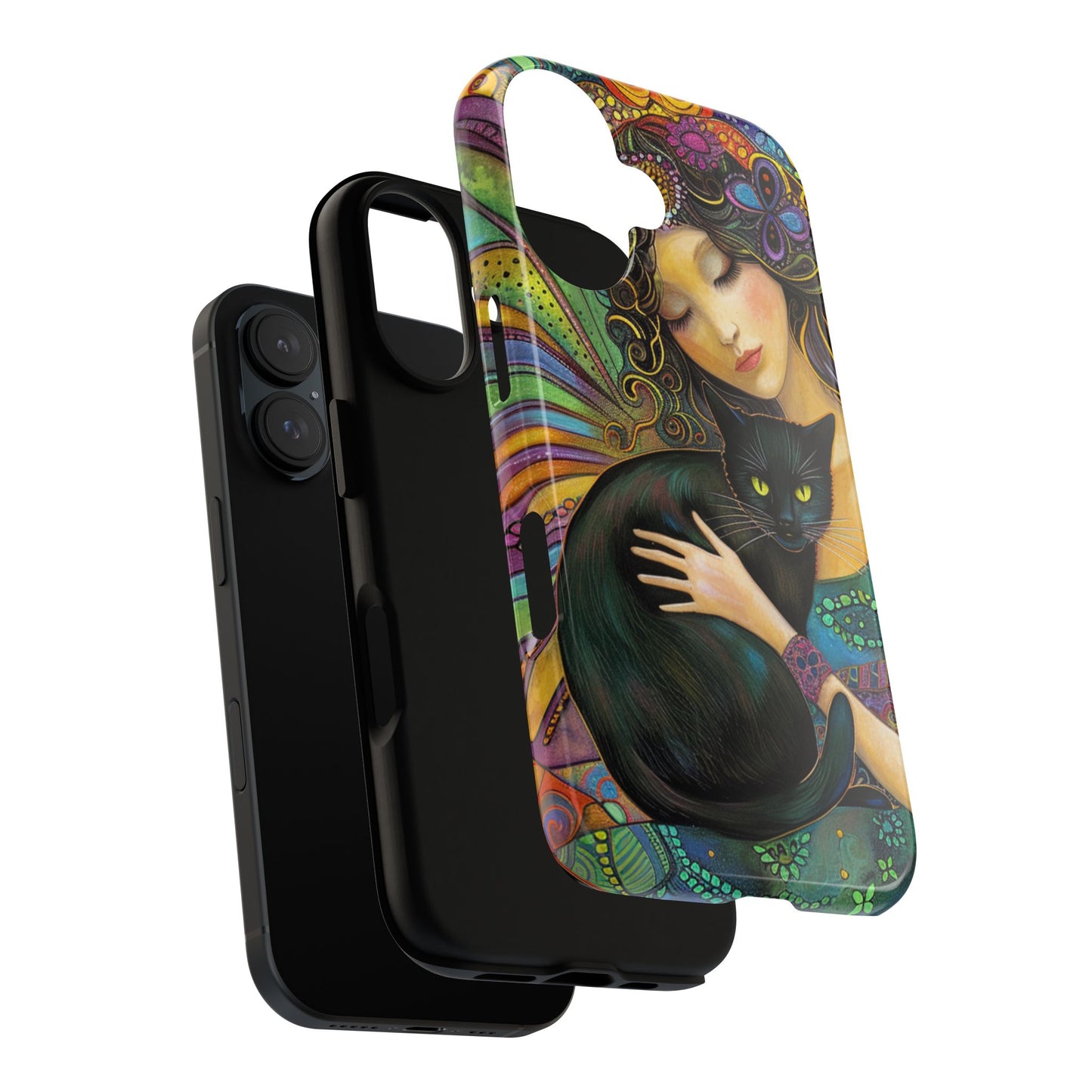 Artistic Phone Case, Celestial Cat Case, Bohemian Style, Gift for Cat Lovers, Unique Phone Protection, Colorful Design