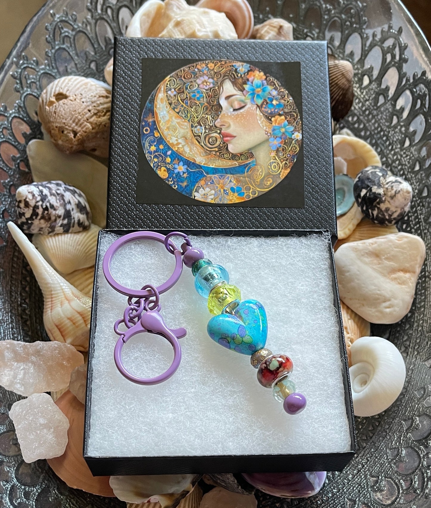 Colorful Beaded Keychain with Heart Charm and Lady of The Moon Gift Box