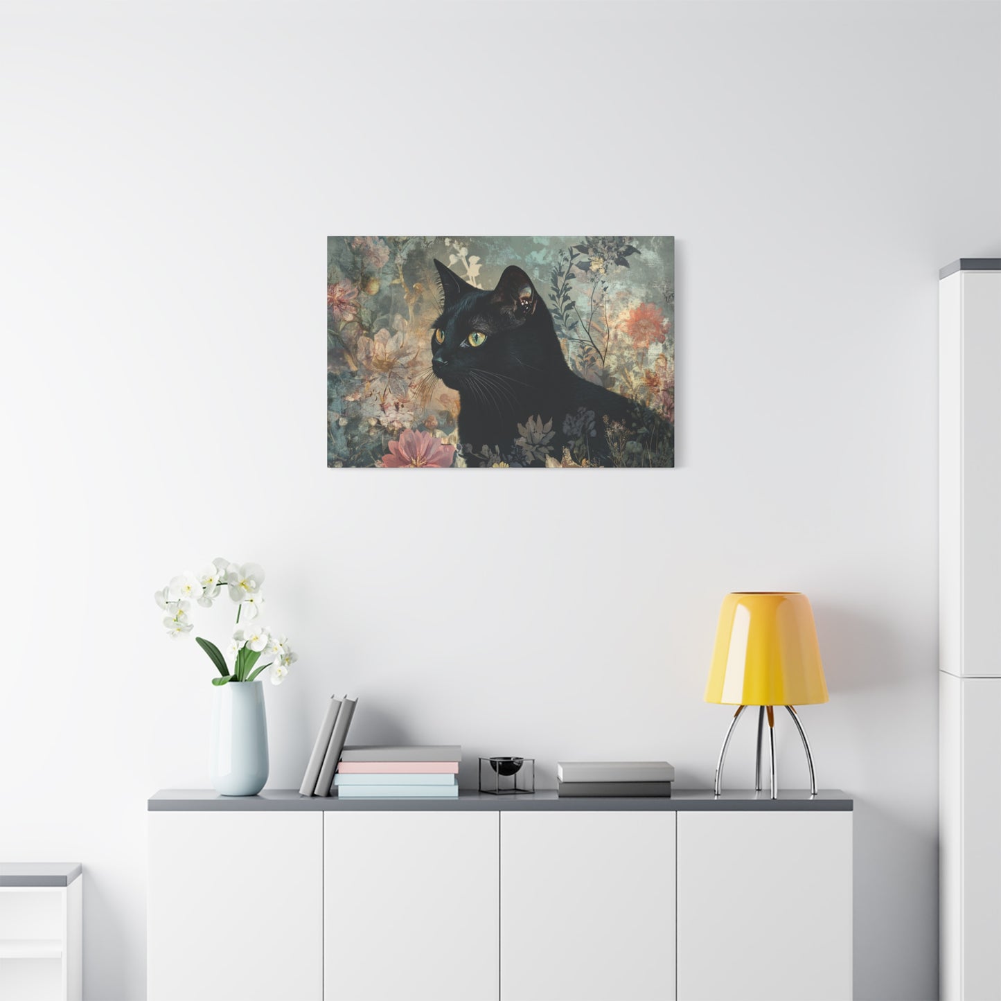 Black Cat Floral Canvas Wall Art, Home Decor for Cat Lovers, Perfect Gift for Birthdays, Housewarming, or Pet Lovers
