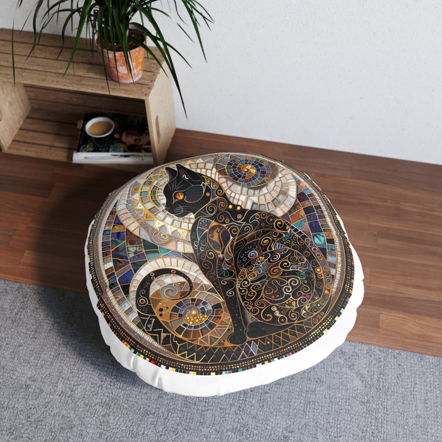 Mystical Cat-Themed Tufted Floor Pillow, Round | Cozy Home Decor, Bohemian Style Cushion, Gift for Cat Lovers, Accent Pillow