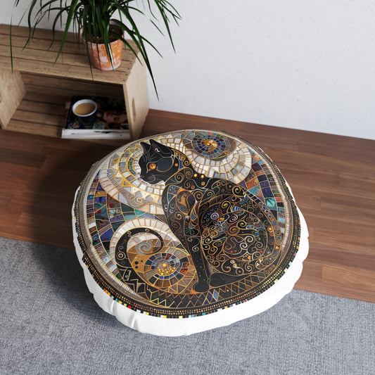 Mystical Cat-Themed Tufted Floor Pillow, Round | Cozy Home Decor, Bohemian Style Cushion, Gift for Cat Lovers, Accent Pillow