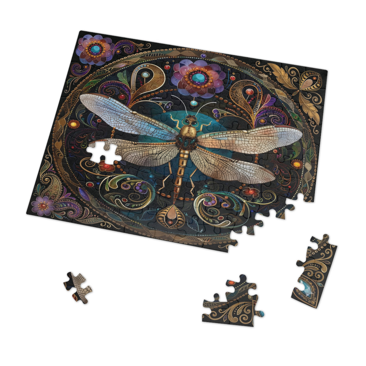 Ornate Dragonfly Jigsaw Puzzle with Tin | Ornate Floral Mosaic