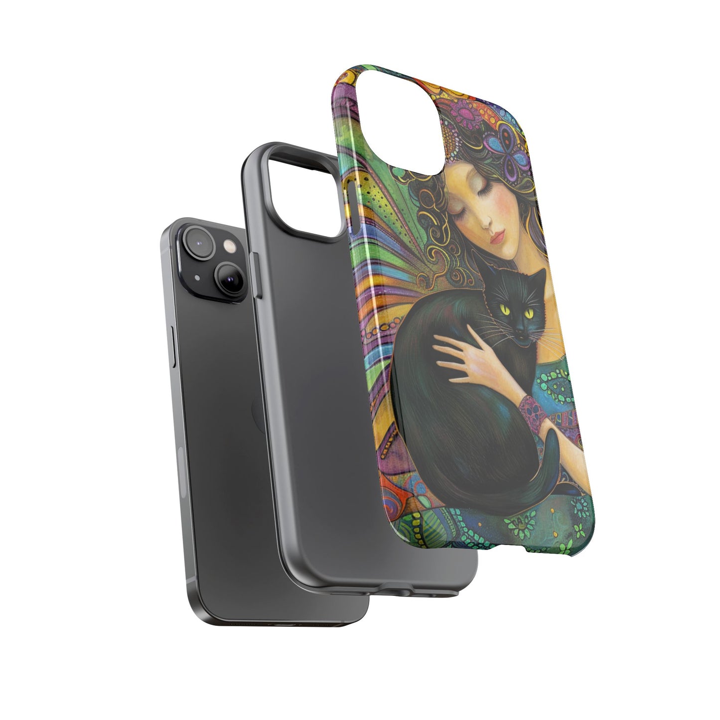 Artistic Phone Case, Celestial Cat Case, Bohemian Style, Gift for Cat Lovers, Unique Phone Protection, Colorful Design
