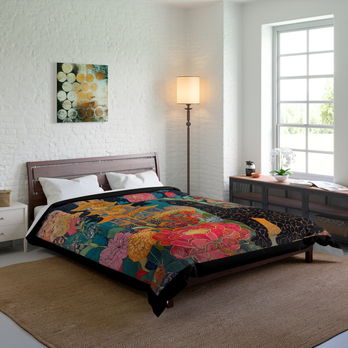 Black Cat Floral Pagoda Comforter | Asian Garden Cat Bedding