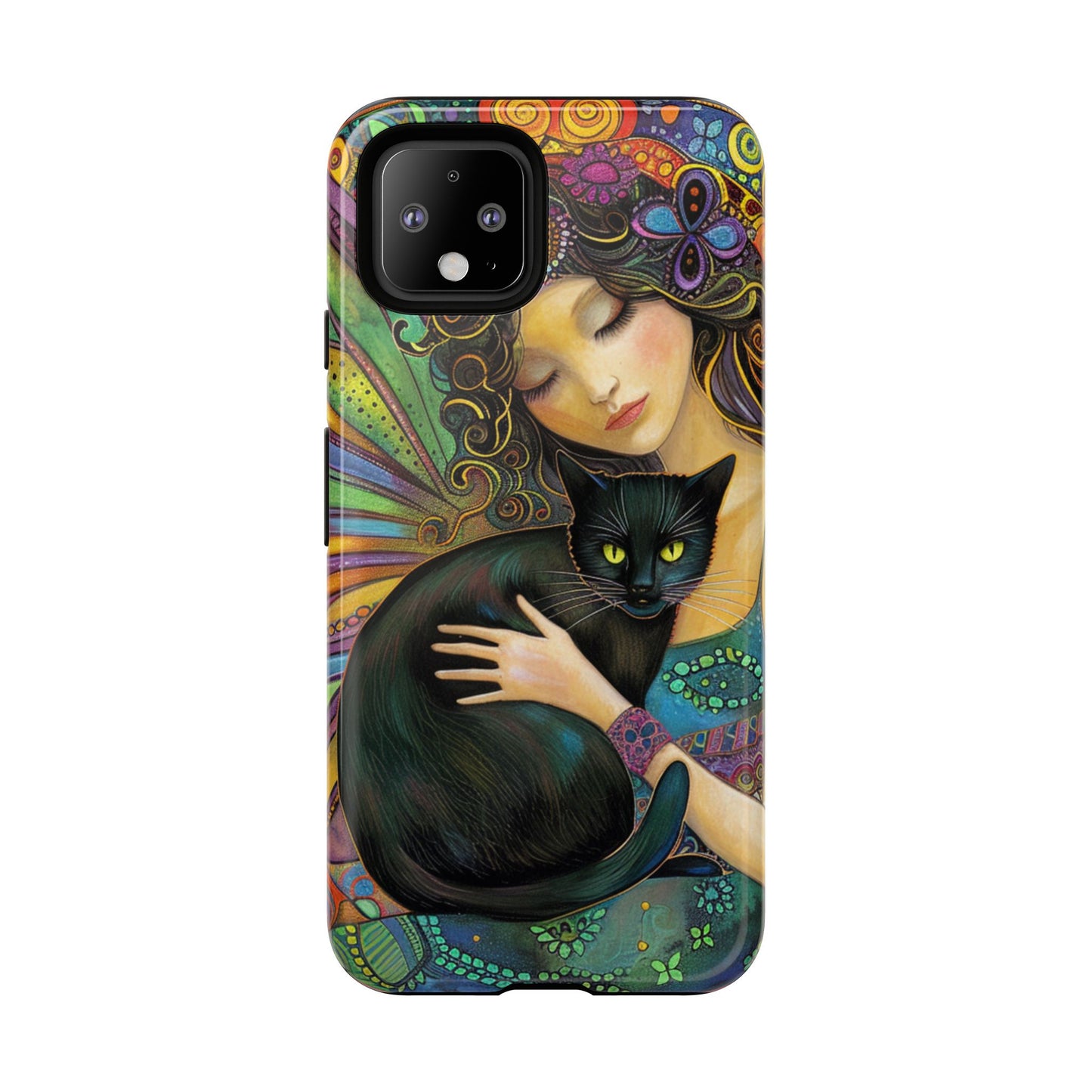 Artistic Phone Case, Celestial Cat Case, Bohemian Style, Gift for Cat Lovers, Unique Phone Protection, Colorful Design