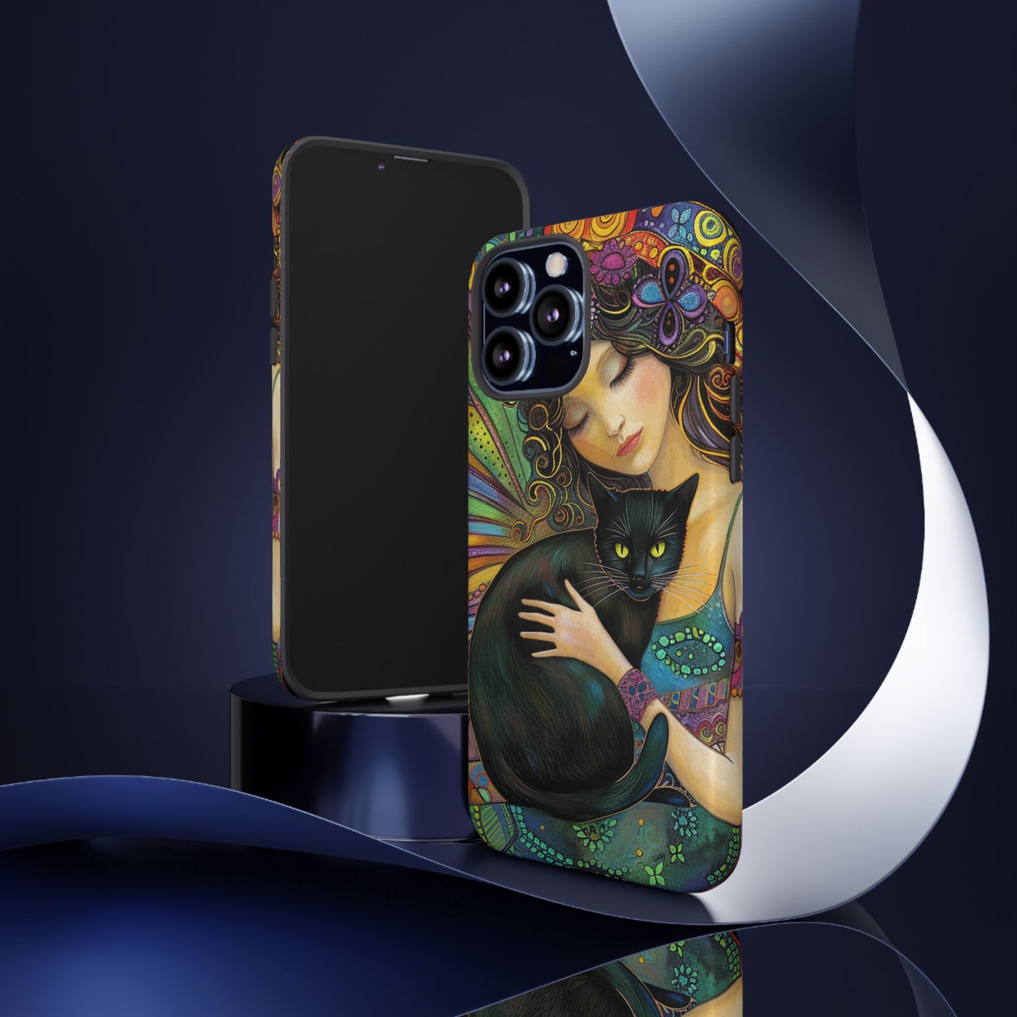 Artistic Phone Case, Celestial Cat Case, Bohemian Style, Gift for Cat Lovers, Unique Phone Protection, Colorful Design