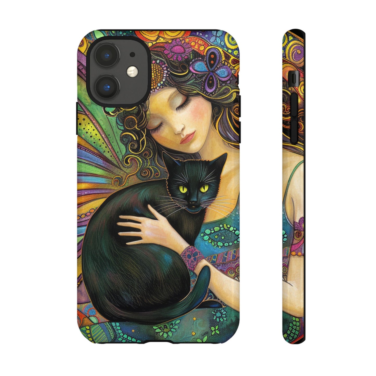 Artistic Phone Case, Celestial Cat Case, Bohemian Style, Gift for Cat Lovers, Unique Phone Protection, Colorful Design