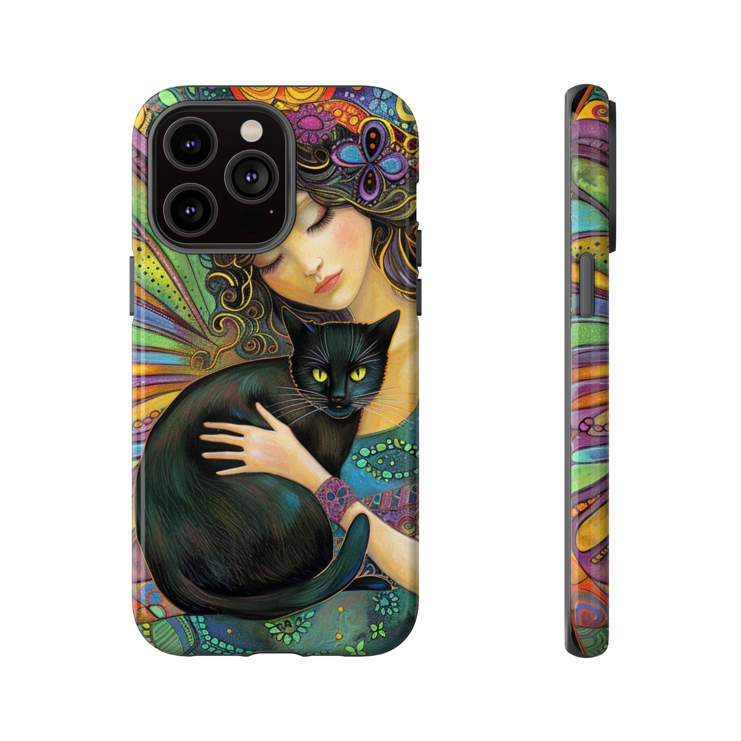 Artistic Phone Case, Celestial Cat Case, Bohemian Style, Gift for Cat Lovers, Unique Phone Protection, Colorful Design
