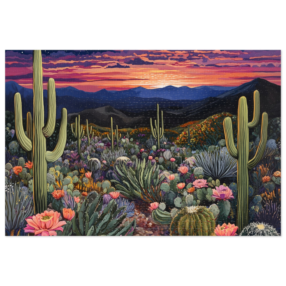 Desert Cactus Sunset Jigsaw Puzzle with Tin | Desert Landscape Puzzle