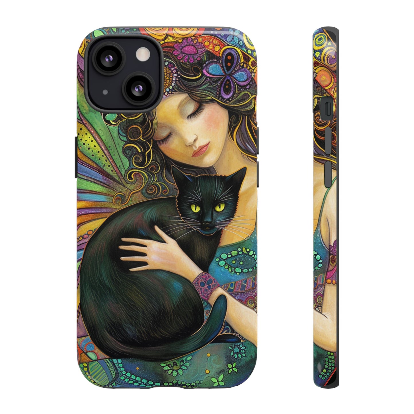Artistic Phone Case, Celestial Cat Case, Bohemian Style, Gift for Cat Lovers, Unique Phone Protection, Colorful Design