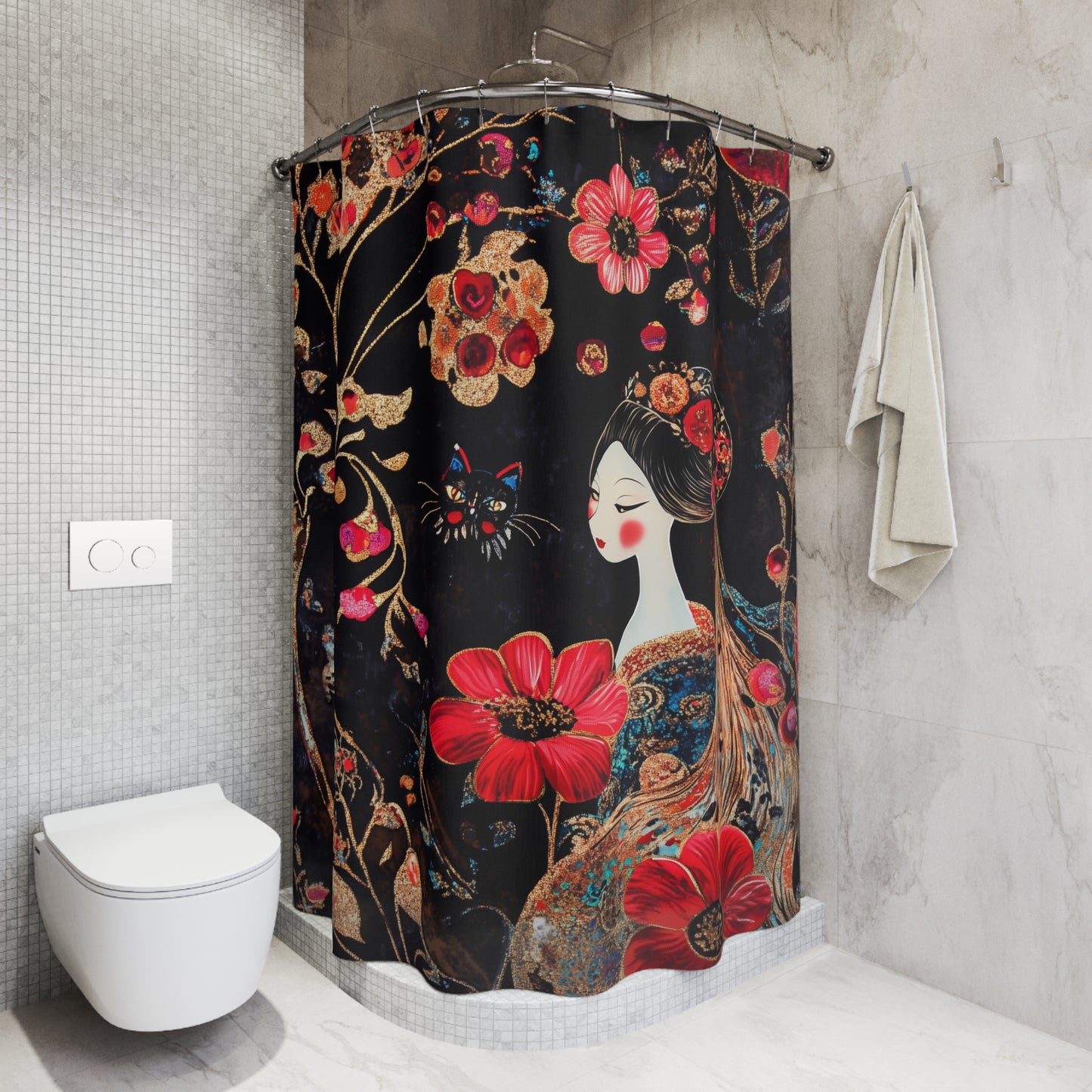 Geisha Cat Shower Curtain, Bohemian Home Decor, Nautical Bathroom Accessory, Unique Gift for Her, Zen Oasis Decoration