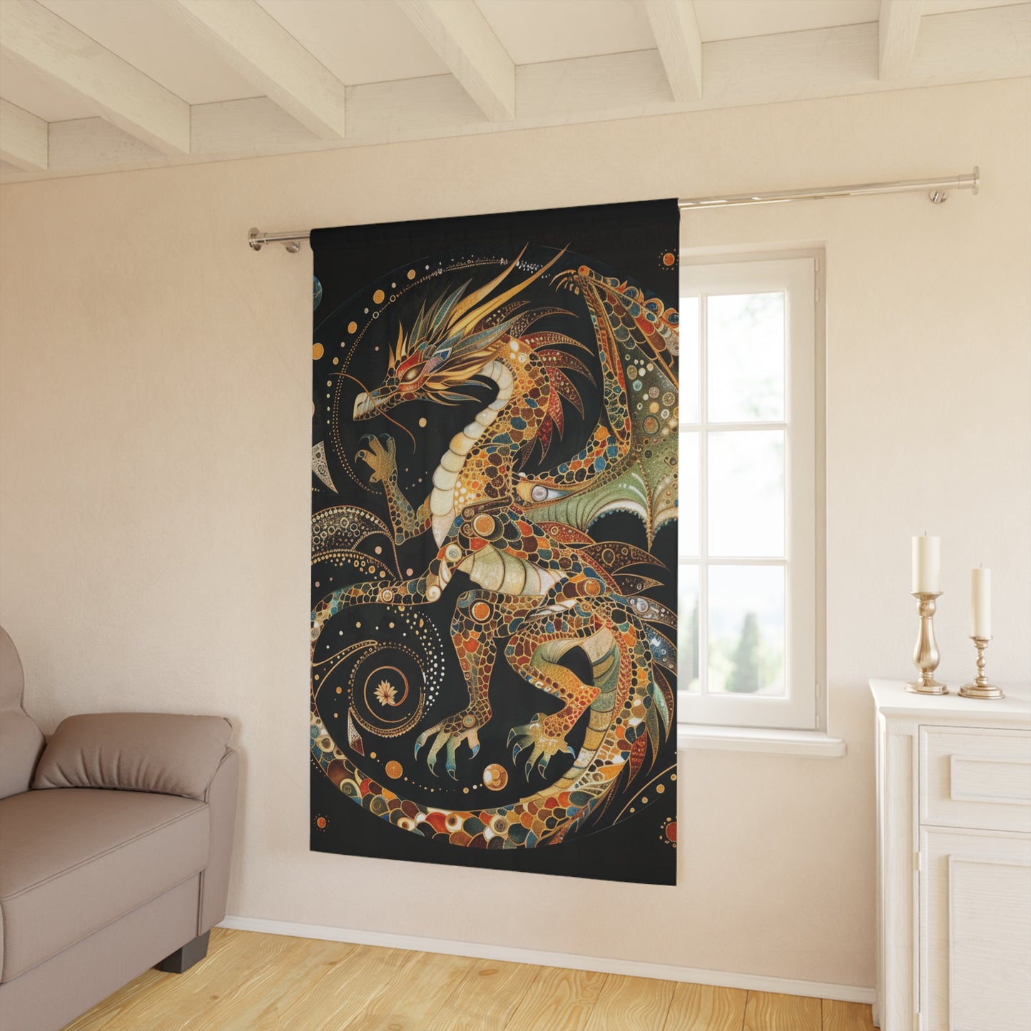 Dragon Art Window Curtain, Bohemian Decor, Living Room Drapes, Fantasy Home Accessories, Unique Gift Idea
